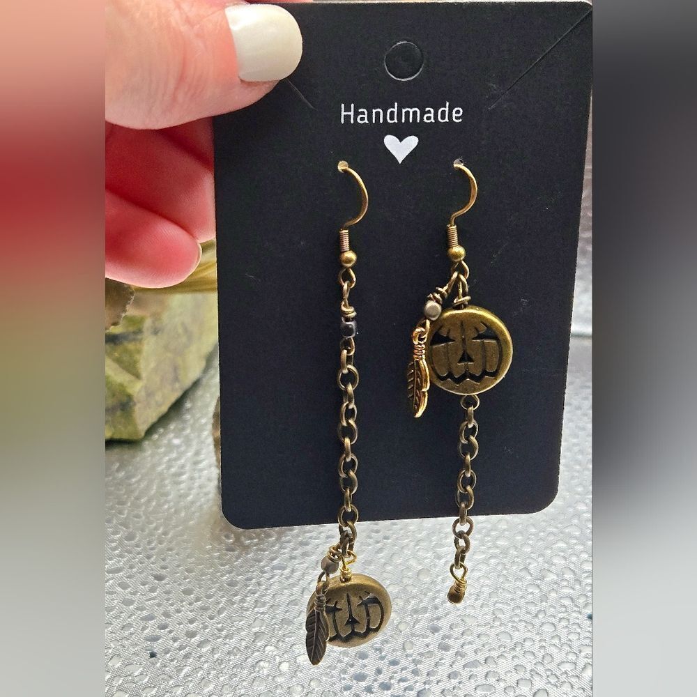 "5/$40" Mismatched Jack-o-Lantern Brass Tone Dangle Earrings 925 Ear Wires